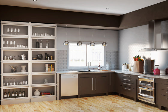 Hale Heritage Barrister Bookcases in white finish provide classic storage in the kitchen