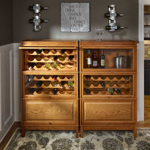 Two Hale Heritage Barrister Wine Cabinets side by side in light oak. 